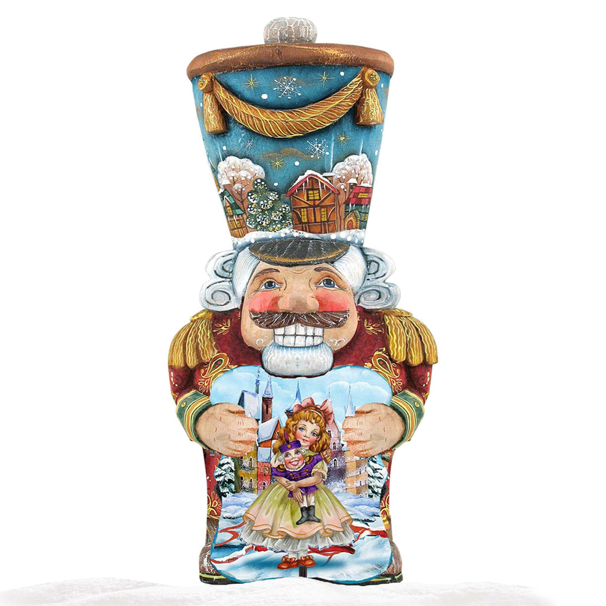 Single painted nutcracker holiday decoration with blue top, holding doll in blue shirt