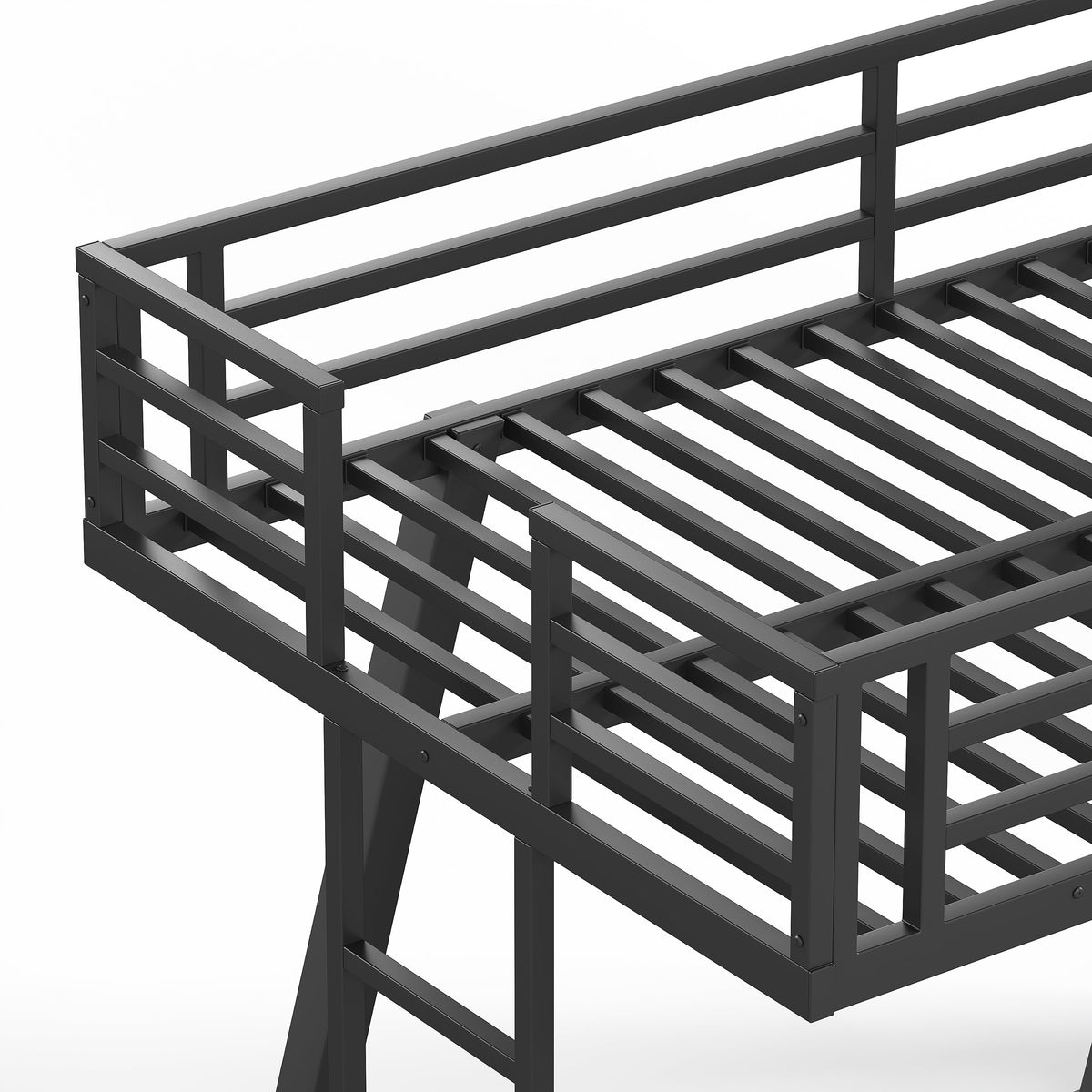 Close-up of bunk bed slatted platform, guardrails and angled support leg