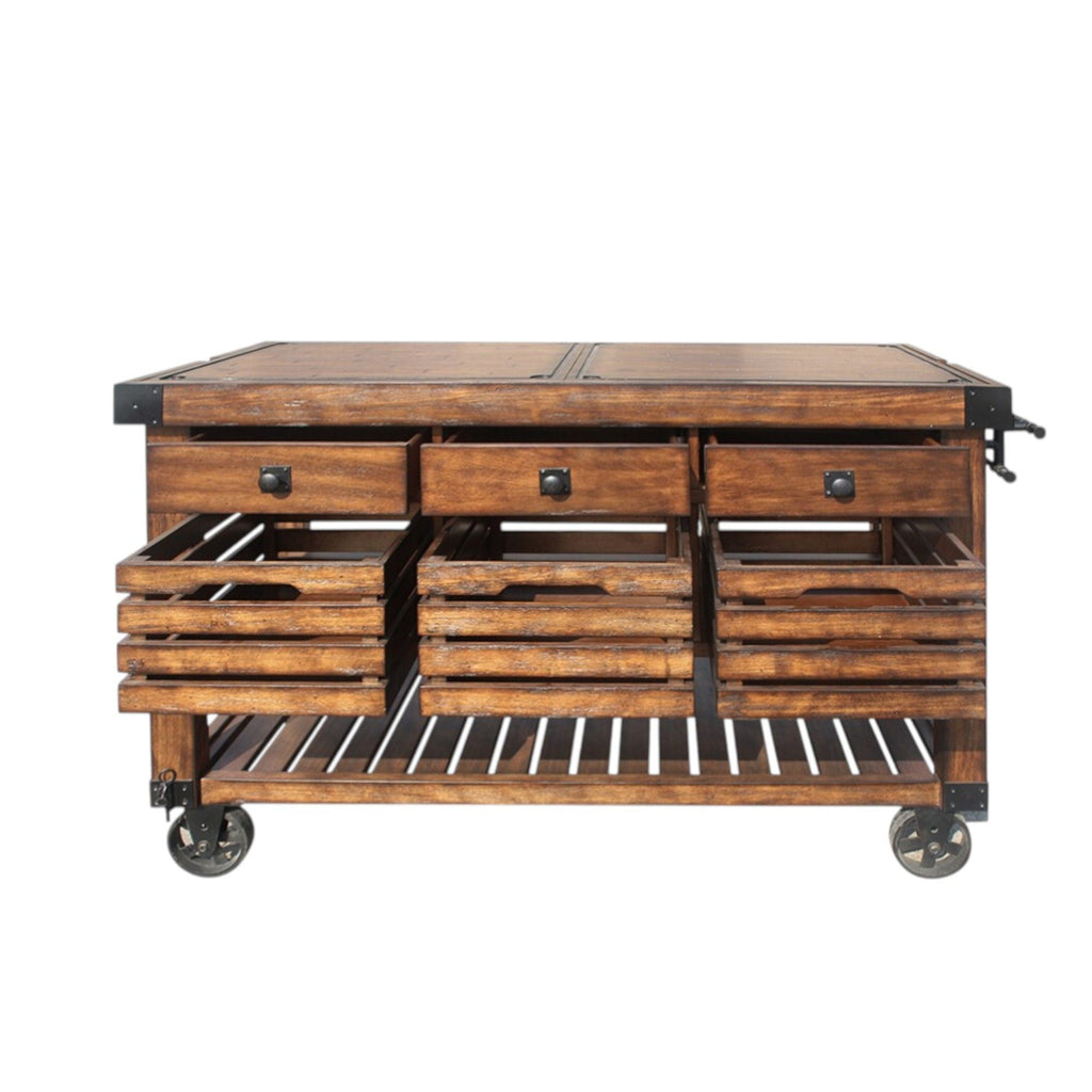 Distressed chestnut kitchen cart with slatted shelves, drawers, and caster wheels.