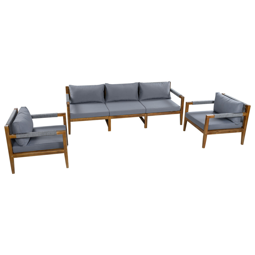 Outdoor sectional sofa set with acacia wood frame, dark gray cushions and two side chairs