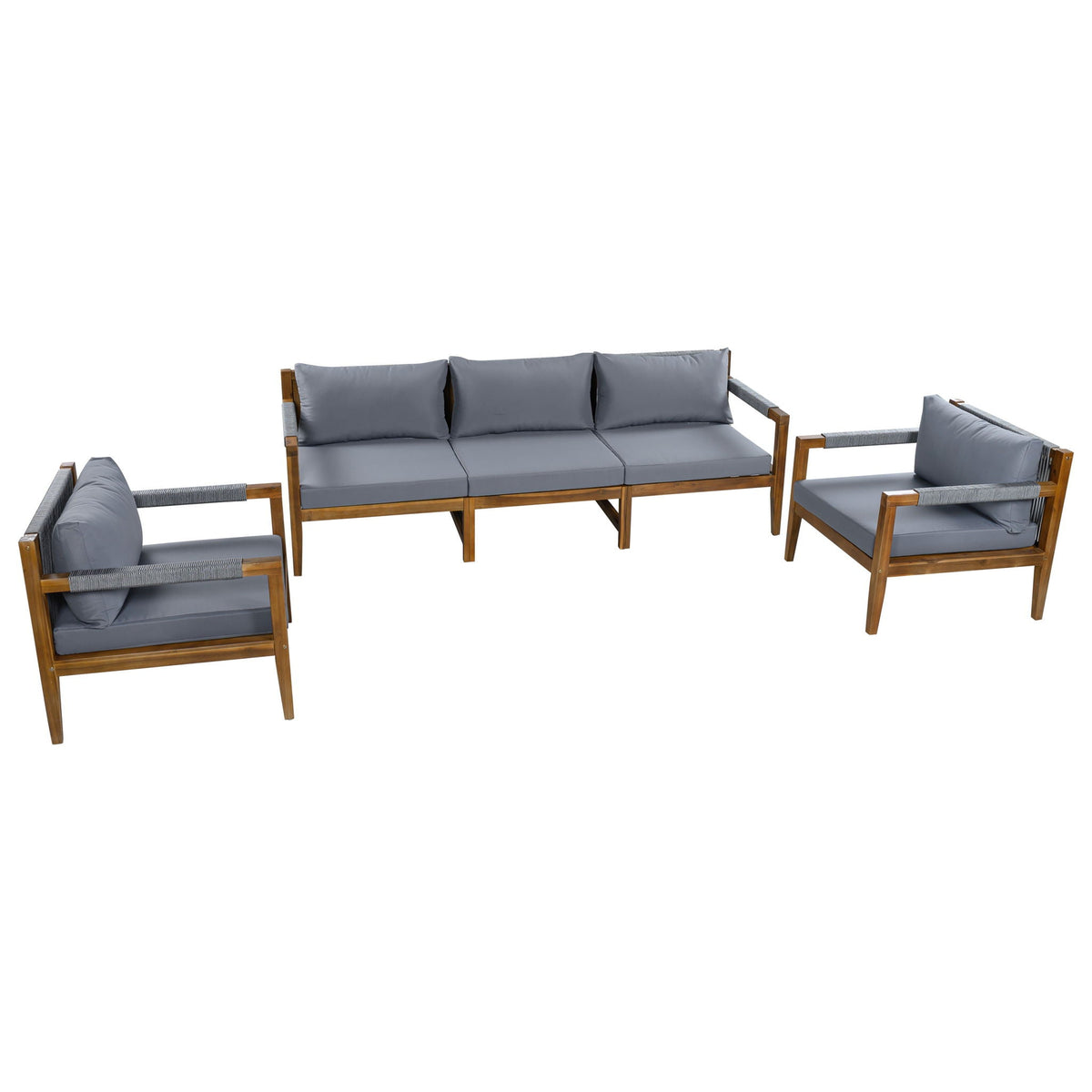 Outdoor sectional sofa set with acacia wood frame, dark gray cushions and two side chairs