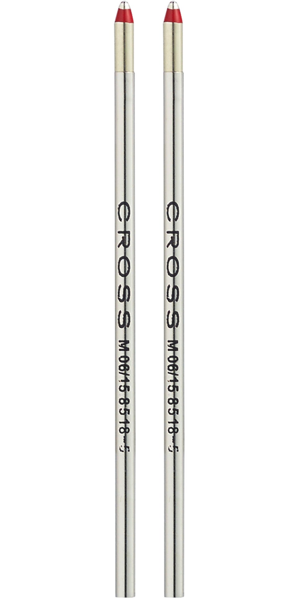 Two mini ballpoint pen refills, silver barrels with red ink tips, medium