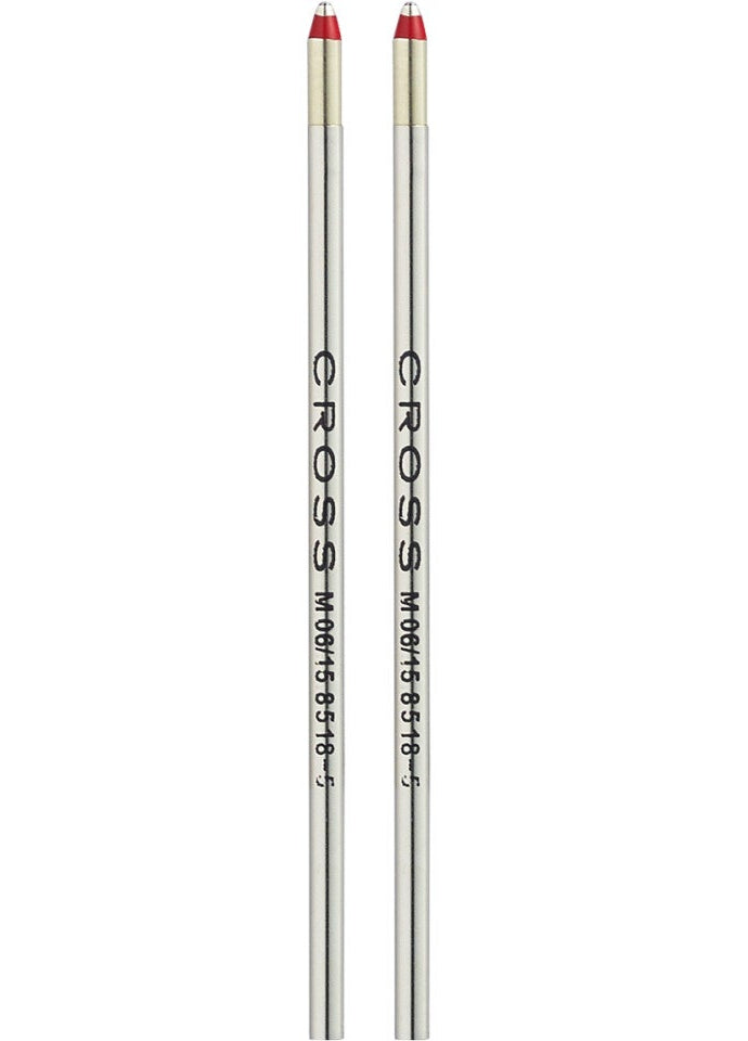Two mini ballpoint pen refills with red tips and silver barrels, medium