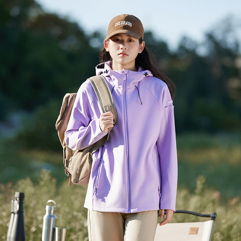 Lilac waterproof soft shell jacket with hood and full-zip front, with front drawstrings