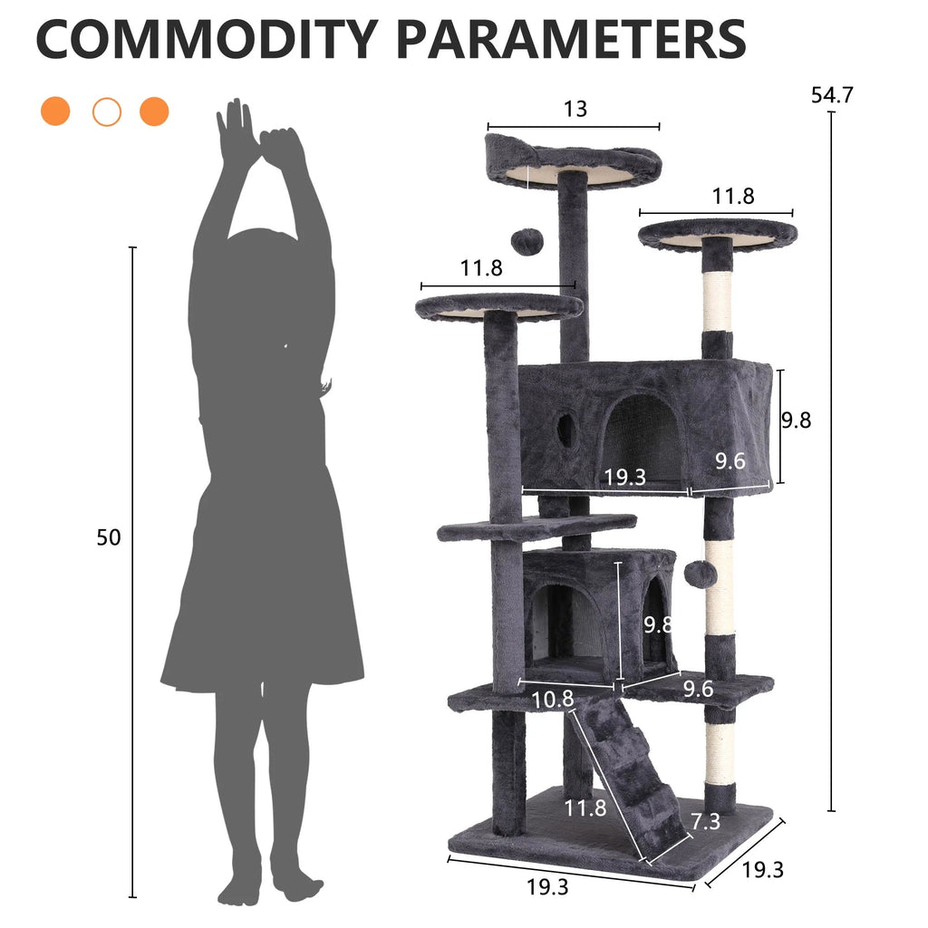 Cat tree with two enclosed condos, platforms, perches, ramp and labeled dimensions