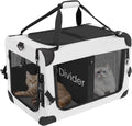 Soft-sided pet carrier with mesh windows, top handle, and front door panel, white and dark gray
