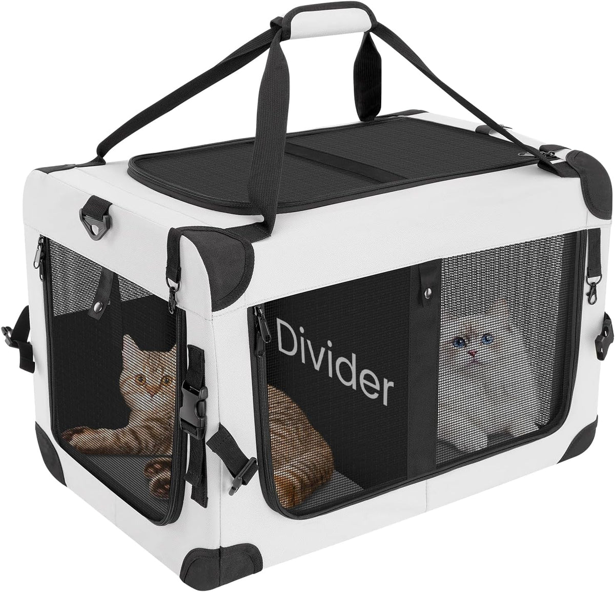 Soft-sided pet carrier with mesh windows, top handle, and front door panel, white and dark gray