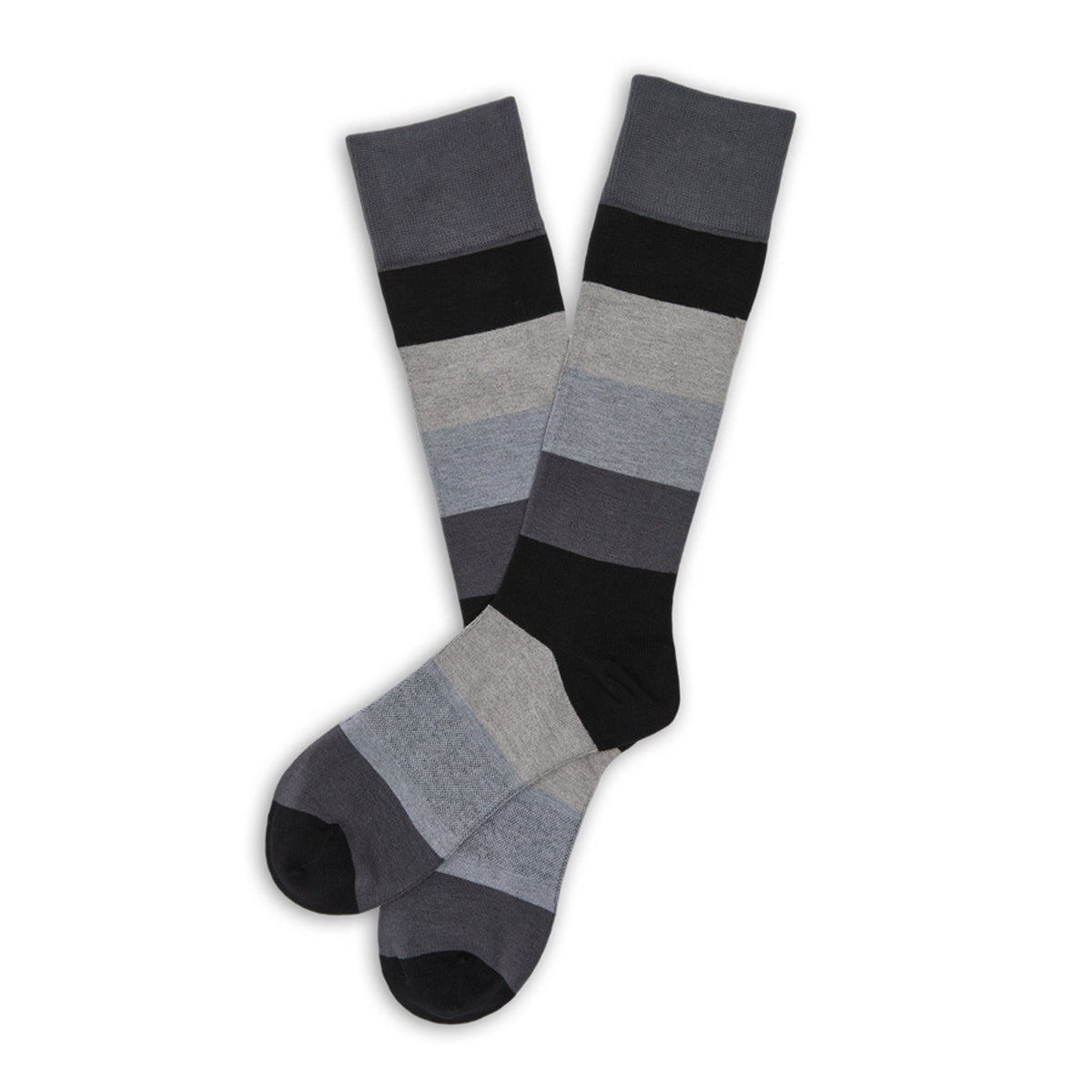 Dress socks with gray and charcoal block pattern and black toe