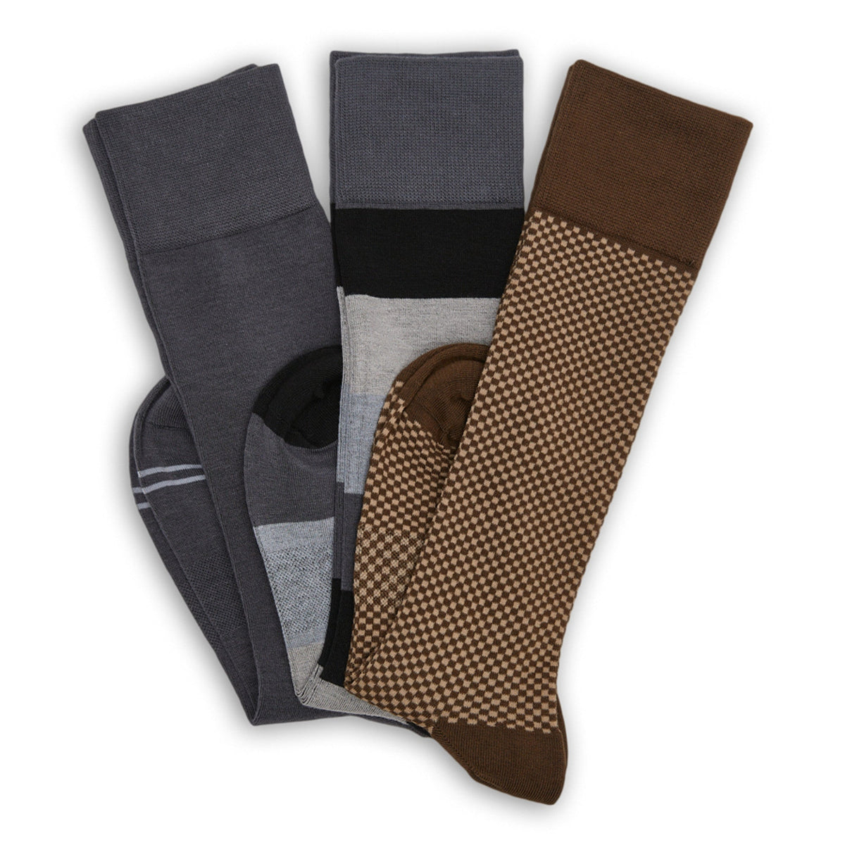 3-pack dress socks in dark gray, gray, and brown with patterns