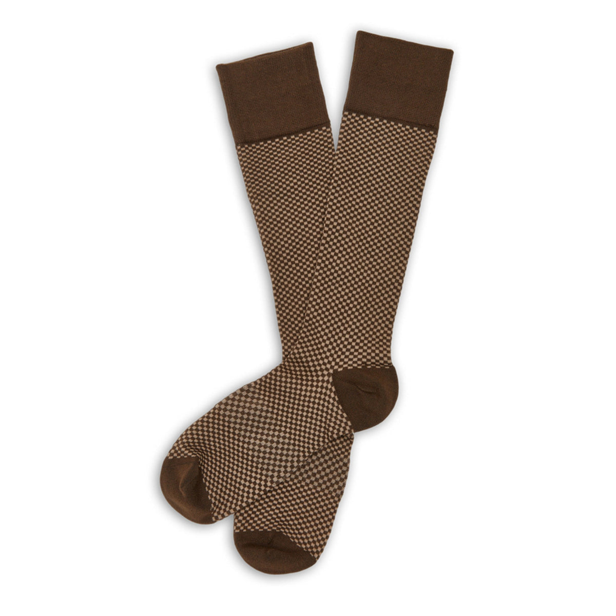 Dress socks in brown houndstooth knit with solid brown toe and cuff