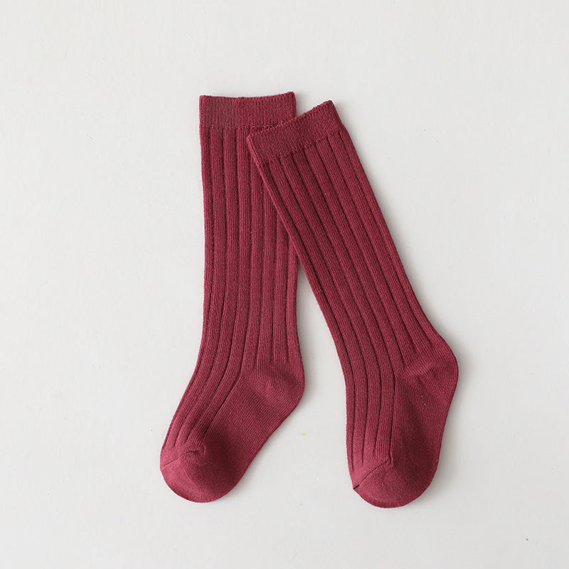 Baby middle-long ribbed socks, solid burgundy red with elastic cuffs