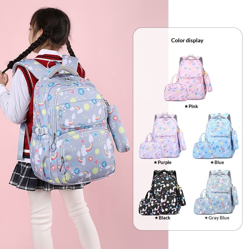 School backpack set color options display with pink, purple, blue, black, and gray designs