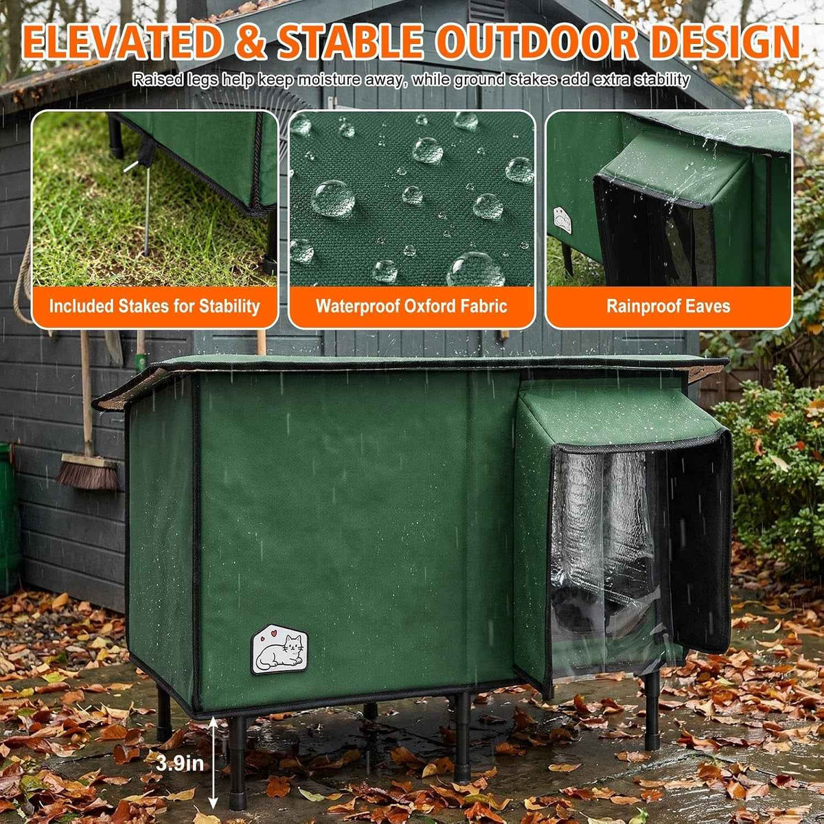 Green waterproof outdoor cat house with raised legs, rainproof eaves, and ground stakes
