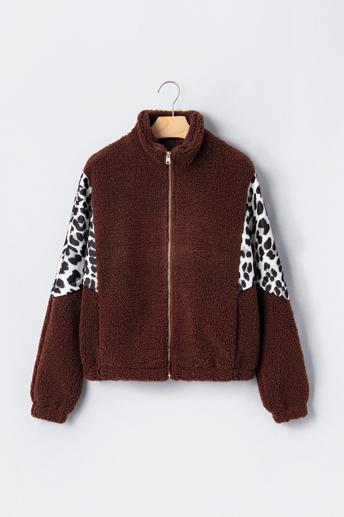 Brown sherpa zip-up jacket with leopard-print sleeves and two side pockets
