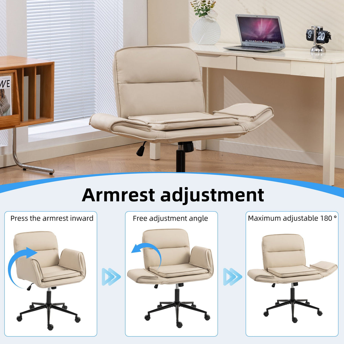 Beige swivel desk chair with adjustable armrests and rolling base