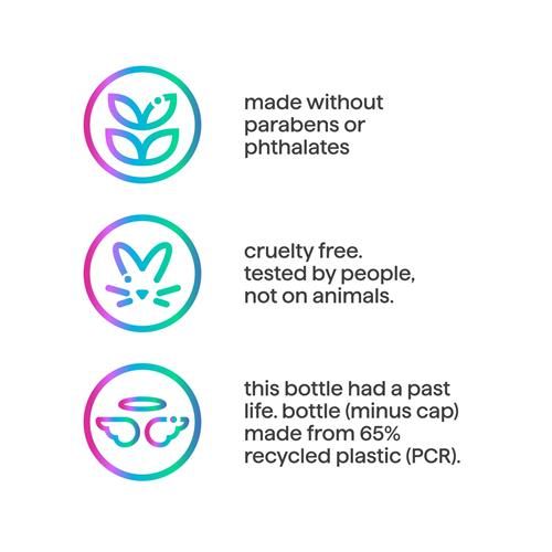 Set badge icons: paraben- and phthalate-free, cruelty-free, recycled-plastic bottle cap