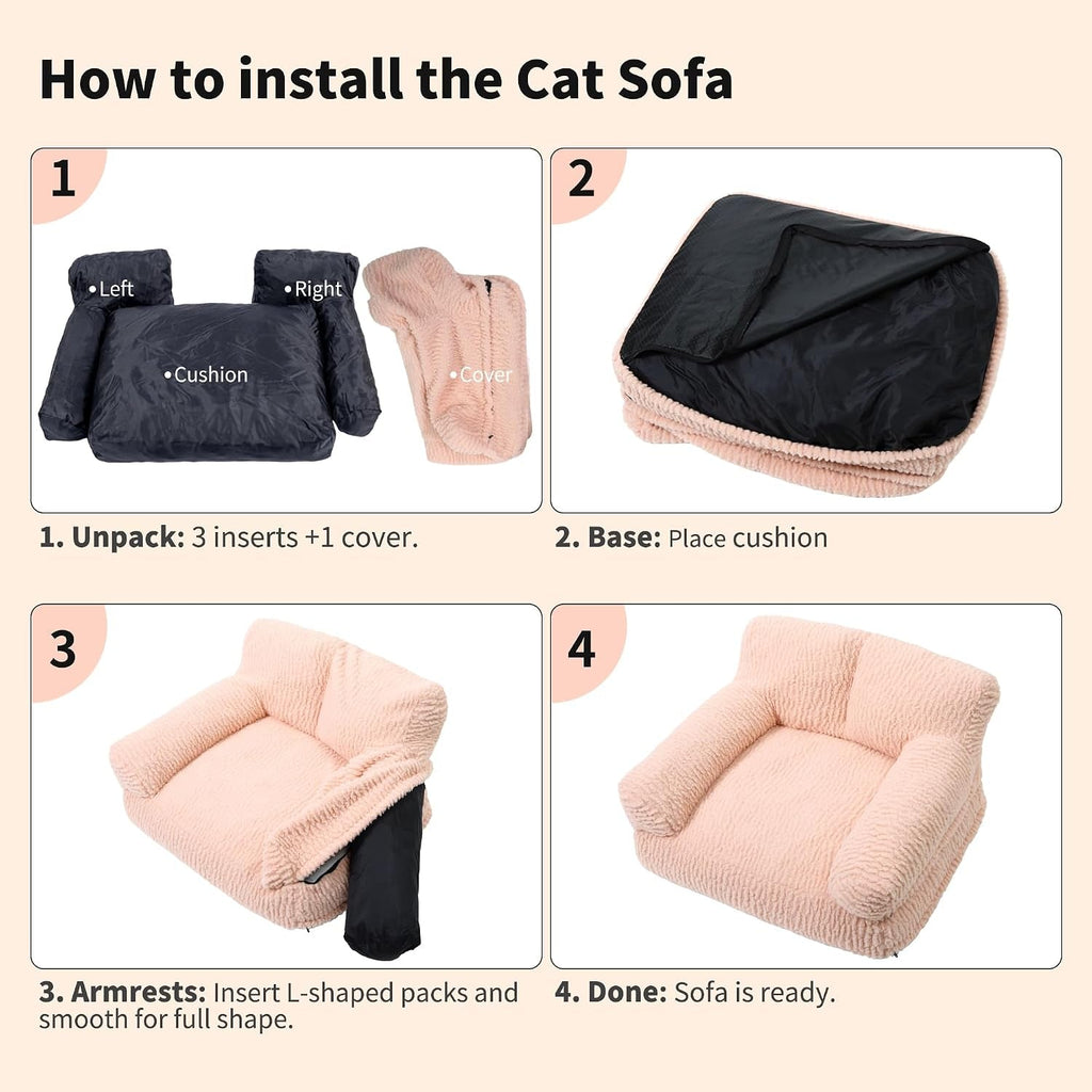 Pink cat sofa bed assembly steps show the cover, cushion, arm inserts, and finished bed.