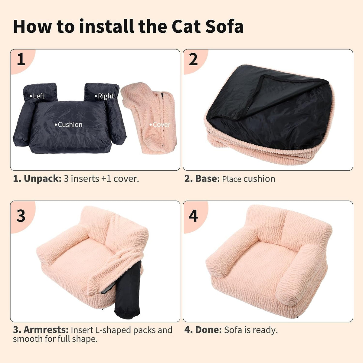 Pink cat sofa bed assembly steps show the cover, cushion, arm inserts, and finished bed.