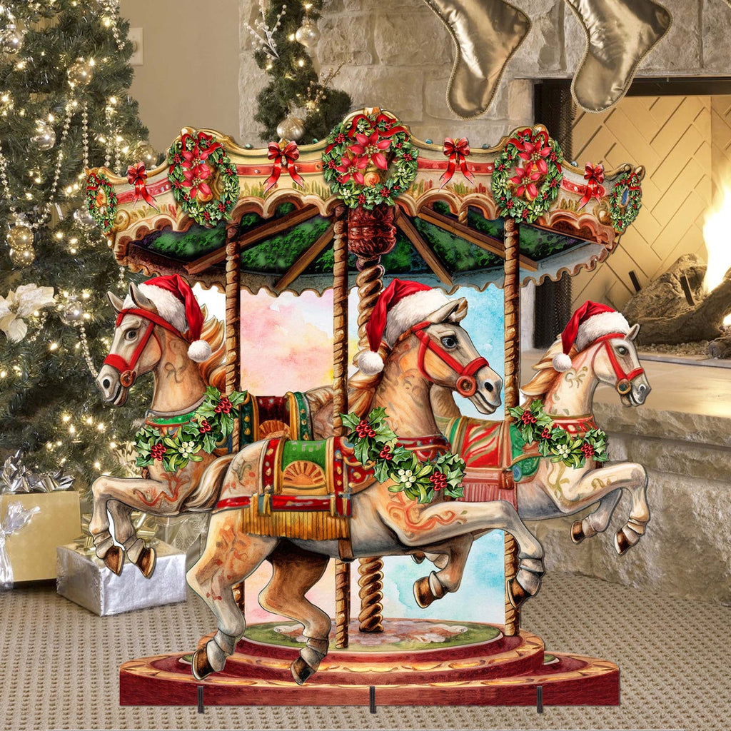 Christmas carousel outdoor decor with carousel horses, Santa-hat figures, and red garland trim