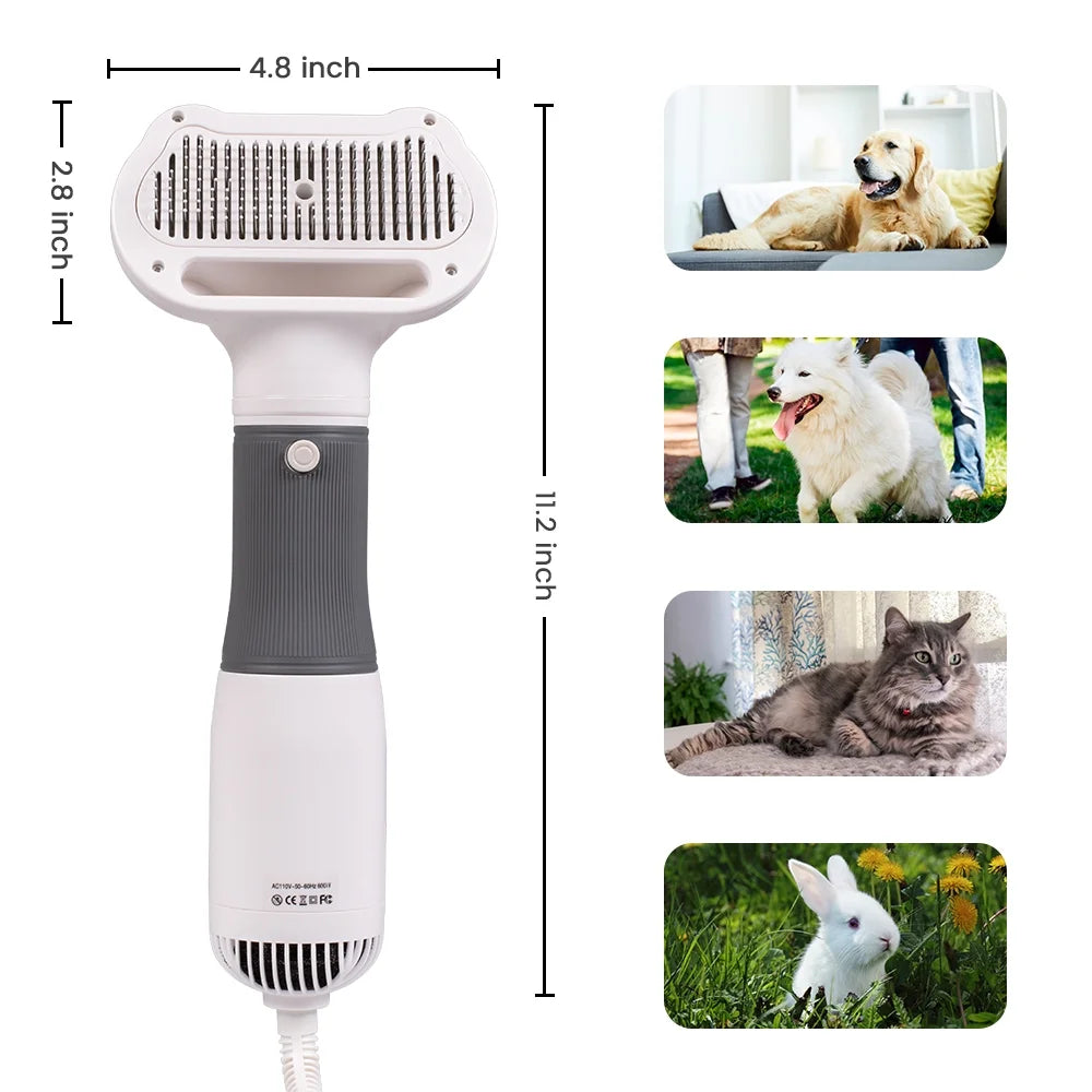 Pet grooming dryer brush with dimensions of 11.2 by 4.8 inches