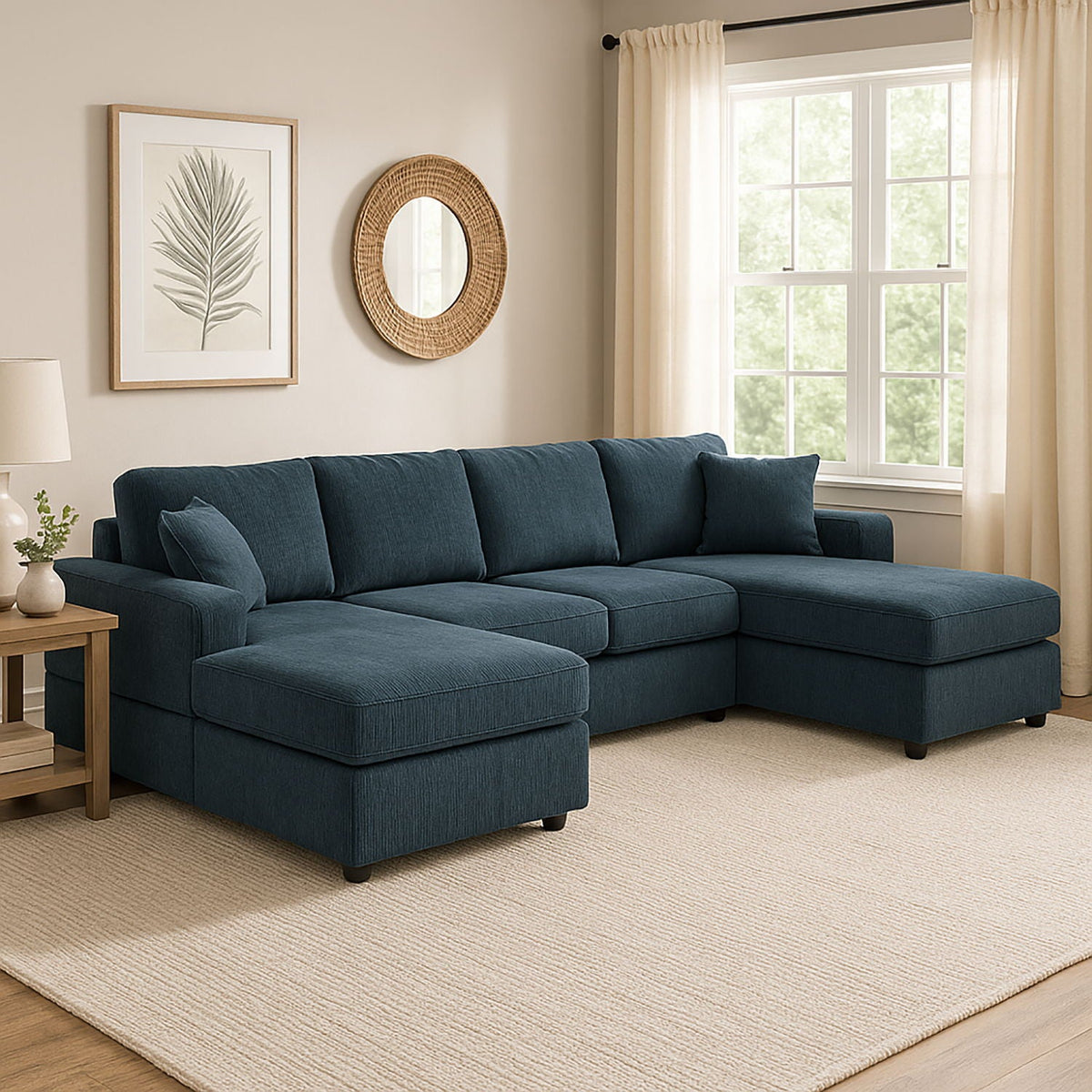 Dark blue 3-piece sectional sofa with chaise and seat cushions