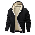 Black sherpa-lined zip hoodie with drawstring hood and contrast white-edged panels