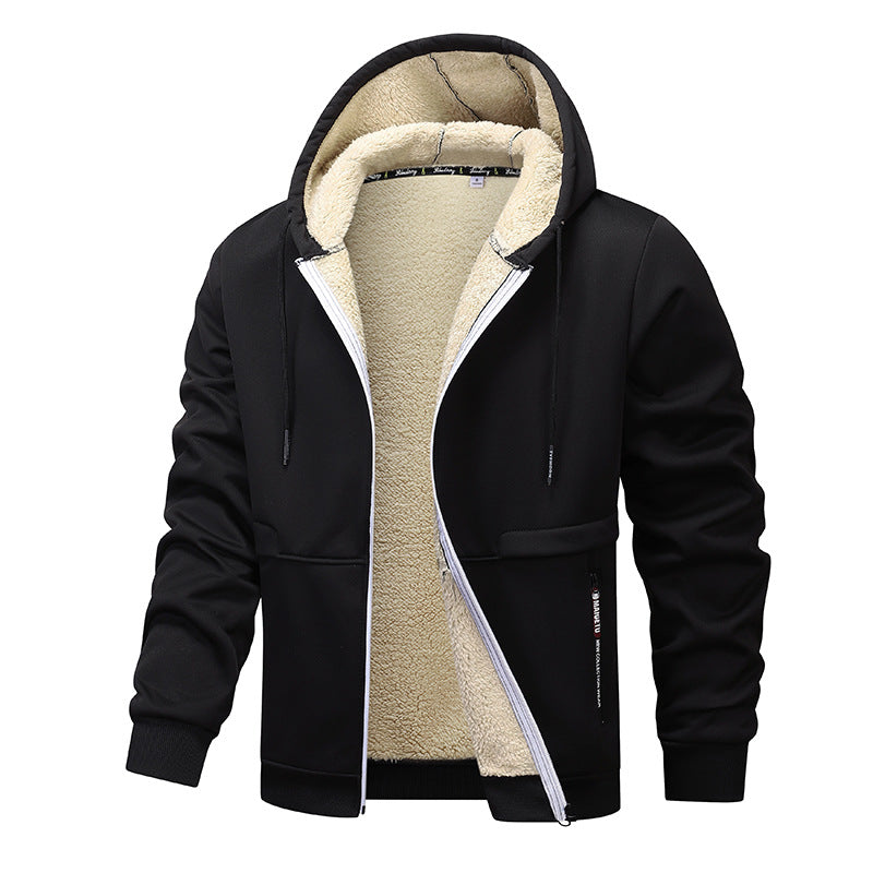 Black sherpa-lined zip hoodie with drawstring hood and contrast white-edged panels