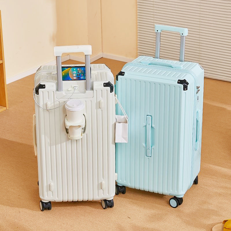 Large capacity trolley suitcase set: white and light blue ribbed shell with spinner wheels