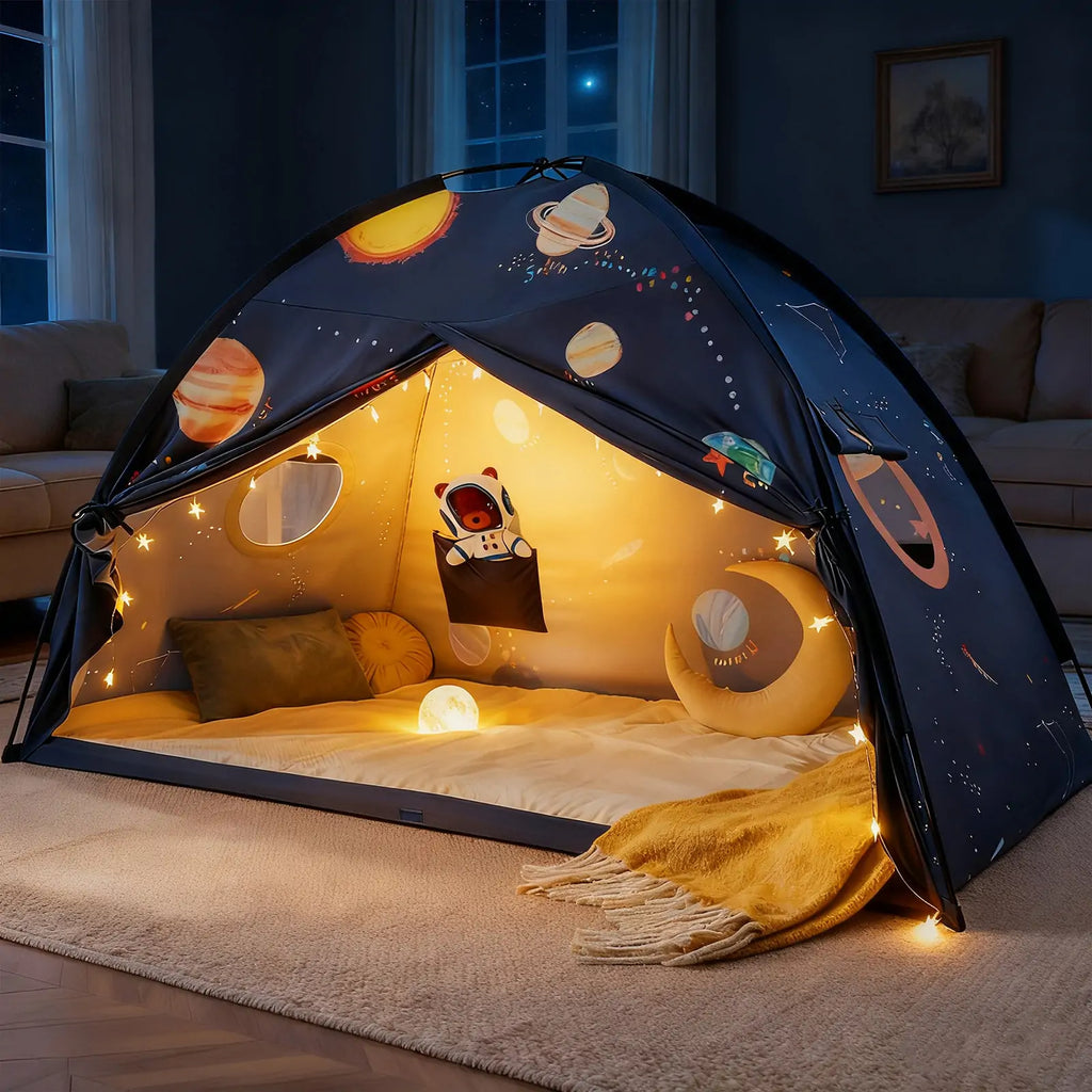 Kids bed tent with dark navy space galaxy print and open front mesh door