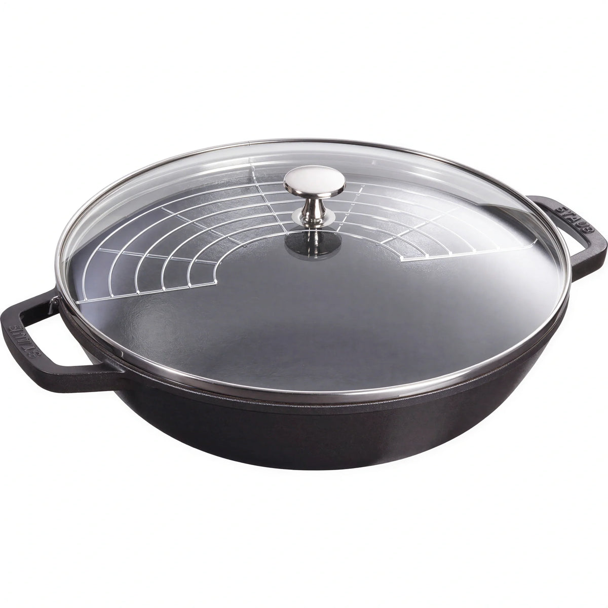 Round black enameled cast iron skillet with glass lid and two side handles
