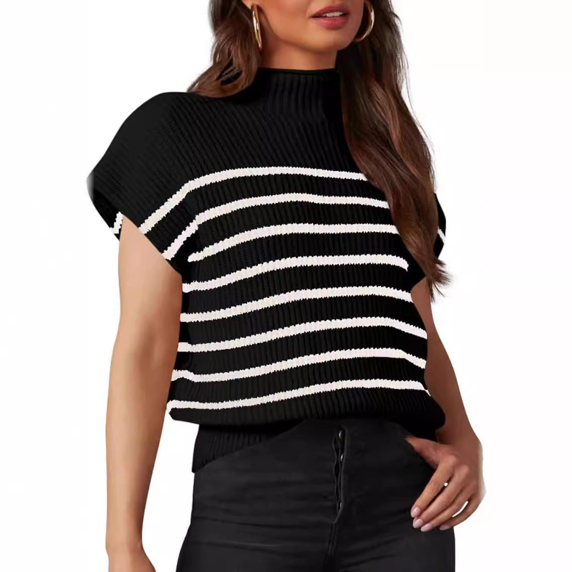Women’s ribbed knit cap-sleeve turtleneck sweater in dark color, white striped band