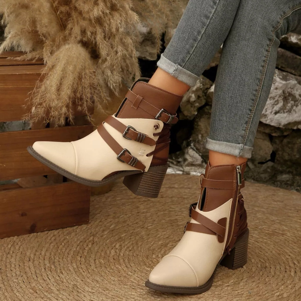 Rice brown point-toe ankle boots with buckle straps and block heels