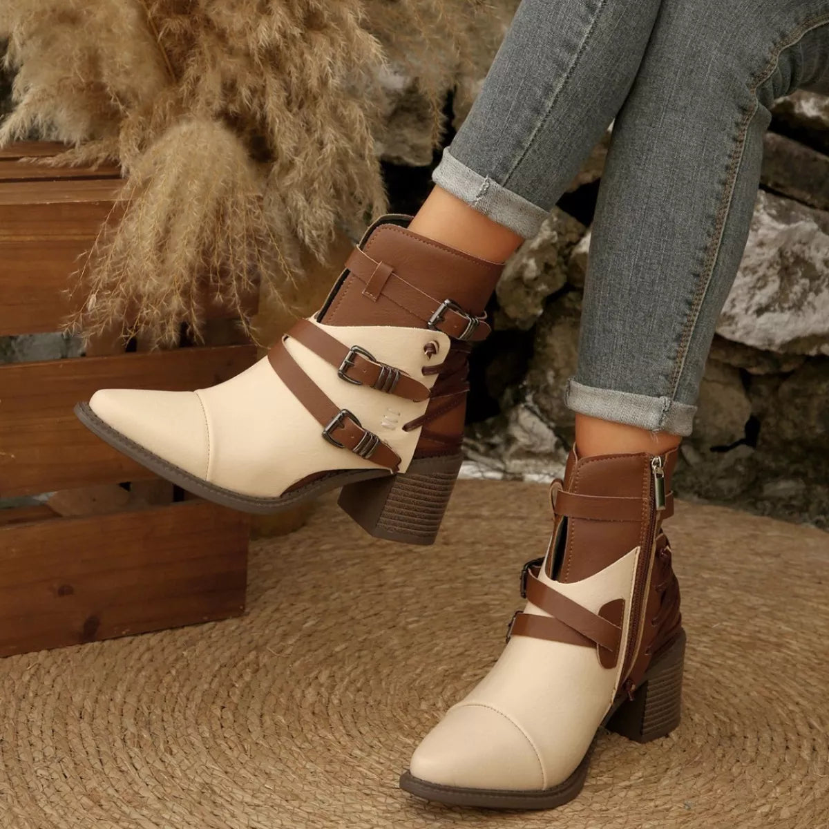 Rice brown point-toe ankle boots with buckle straps and block heels