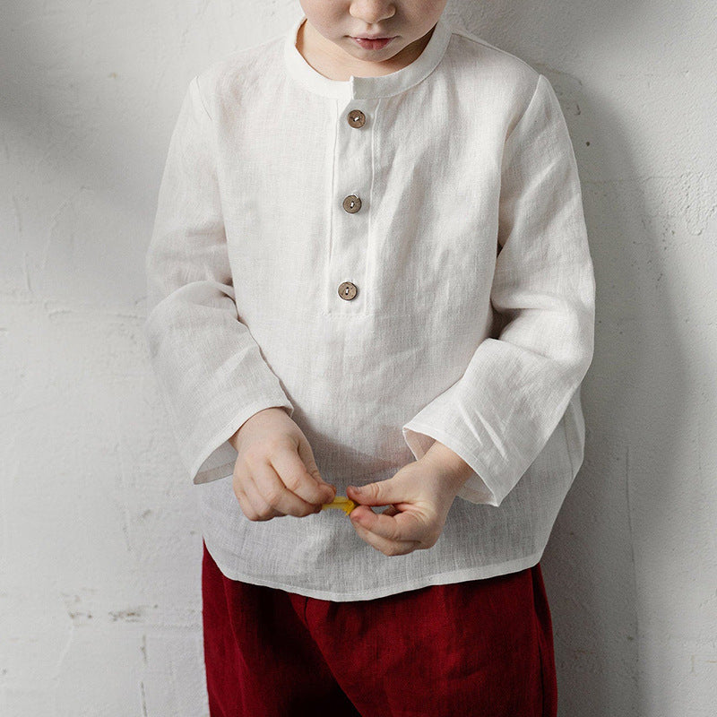 White cotton-linen boys long-sleeve shirt with half-open collar and wooden front buttons