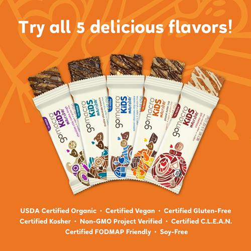 Gomacro Kids macrobar variety of five organic vegan snack bar pouches