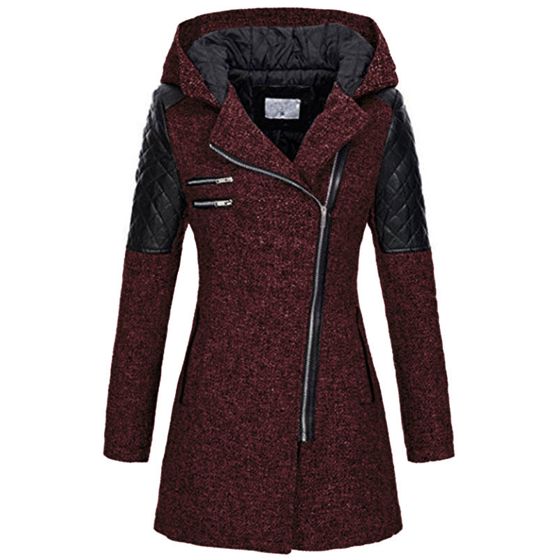 Women’s wool coat with hood, quilted sleeves, diagonal full zip, wine red textured fabric