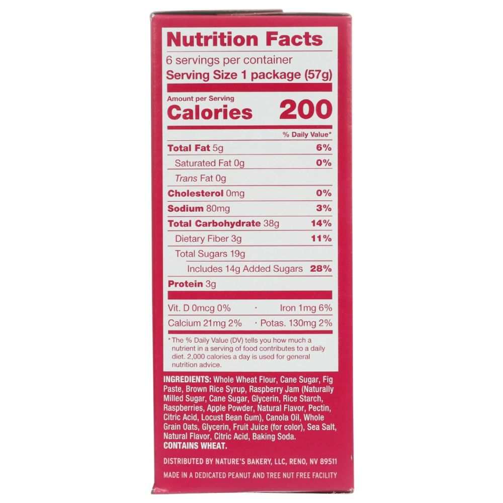 Nutrition Facts label on raspberry whole wheat fig bar snack box