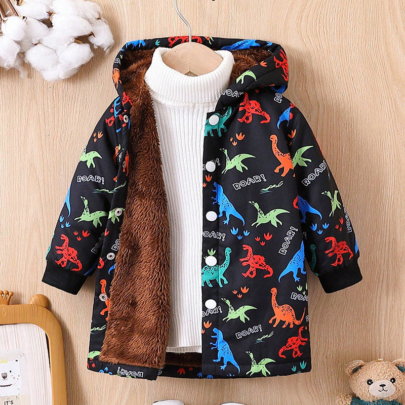Kids dinosaur coat with brown fleece lining, black fabric, colorful all-over dinosaur print
