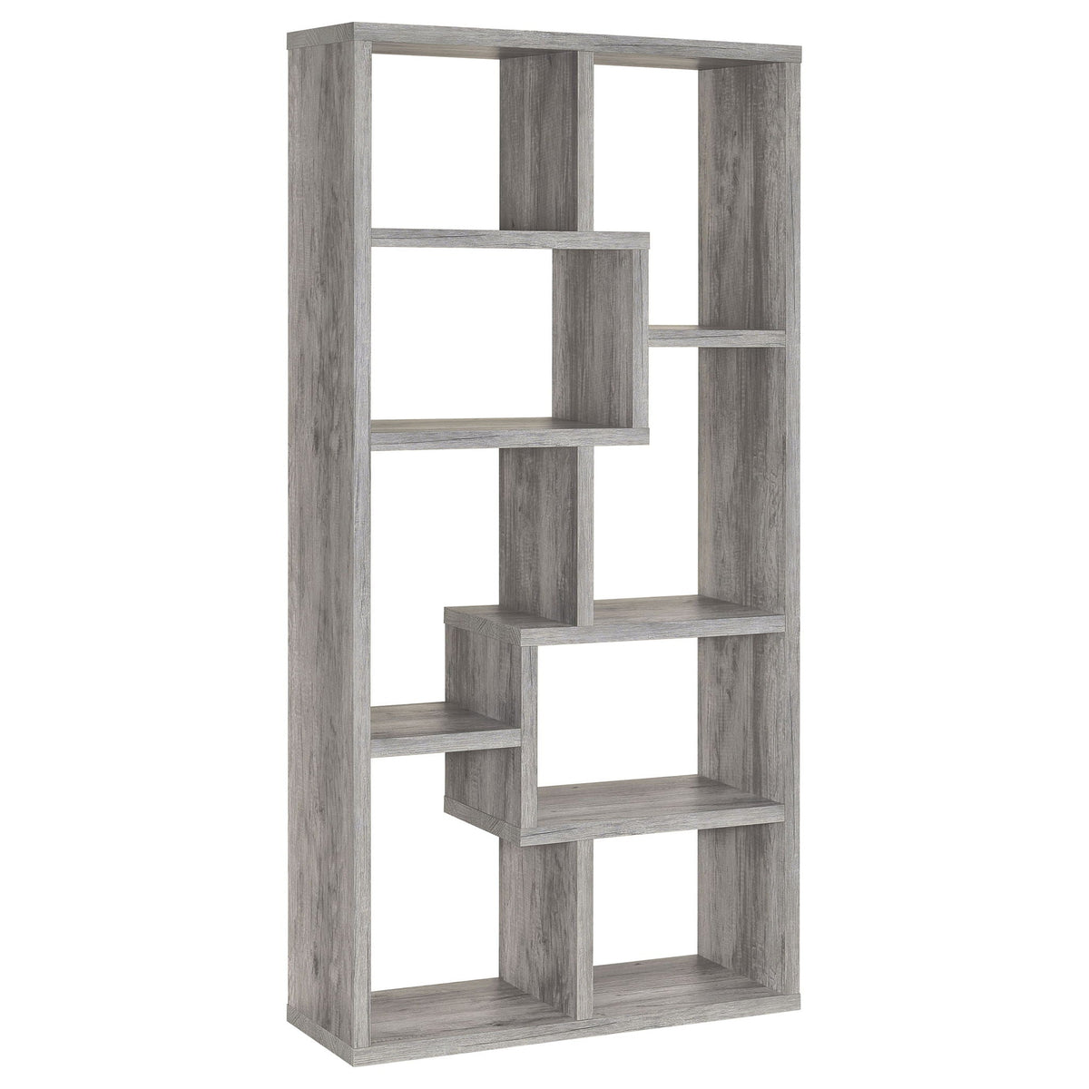 Grey driftwood 6-shelf bookcase with open square cubbies and staggered shelves
