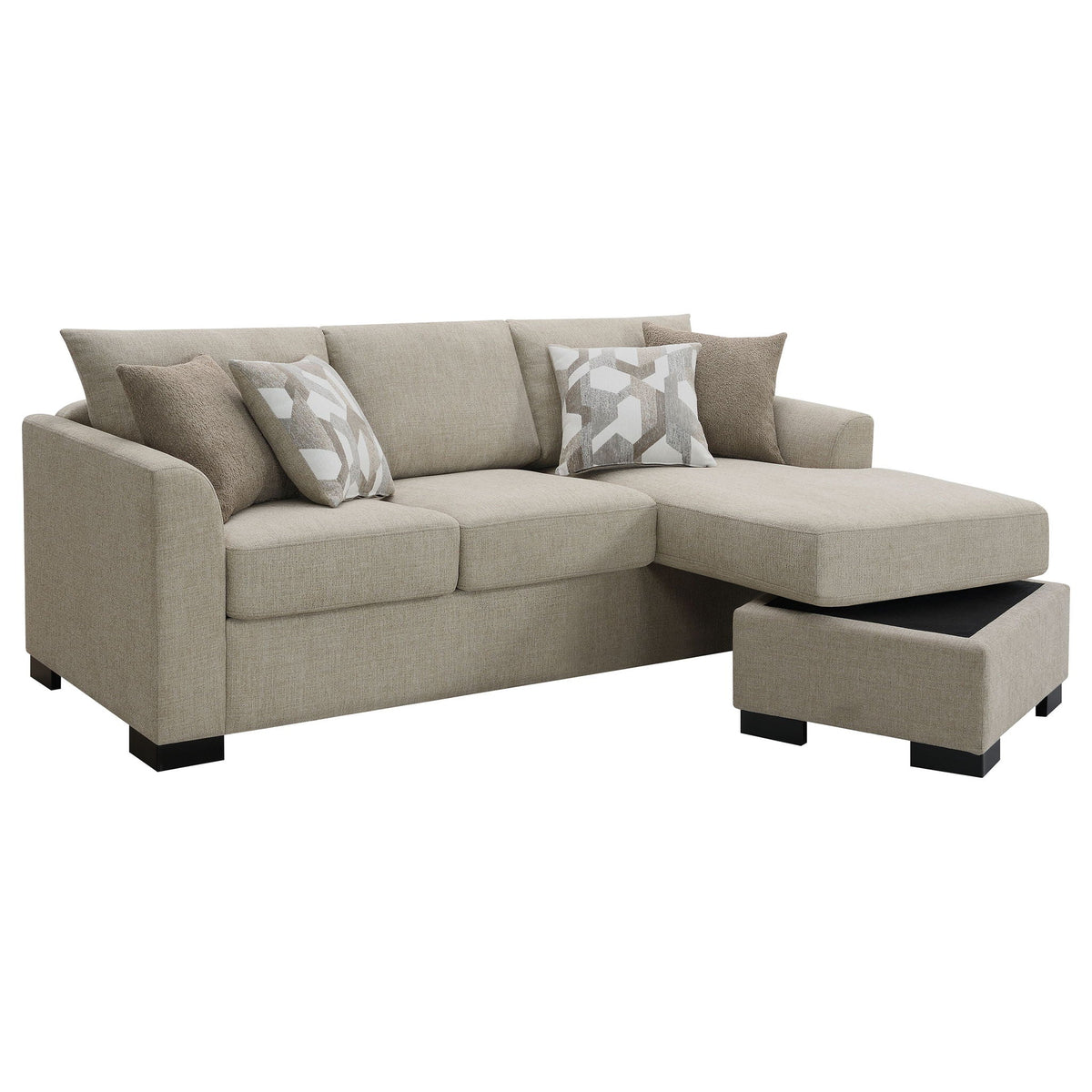 Camel upholstered sleeper sectional chaise sofa with right chaise, square arms, dark legs.