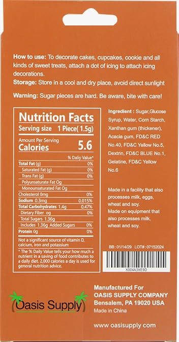 Back of edible icing decoration box with ingredients and nutrition facts, 15-count
