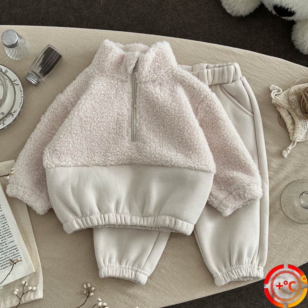 Baby and toddler lambswool stand-up collar half-zip sweater, fuzzy light beige