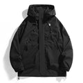 Hooded waterproof cargo jacket, black with front zip and multiple utility pockets.