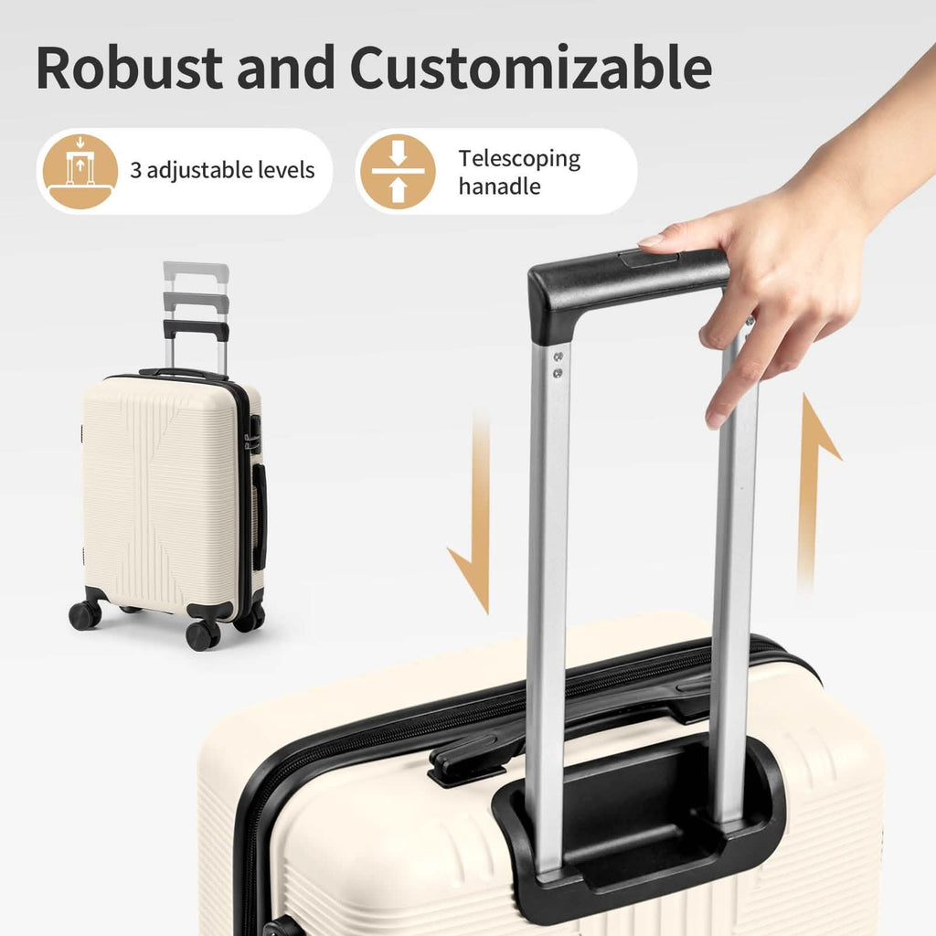 Light-color rolling suitcase with telescoping handle and side latch details