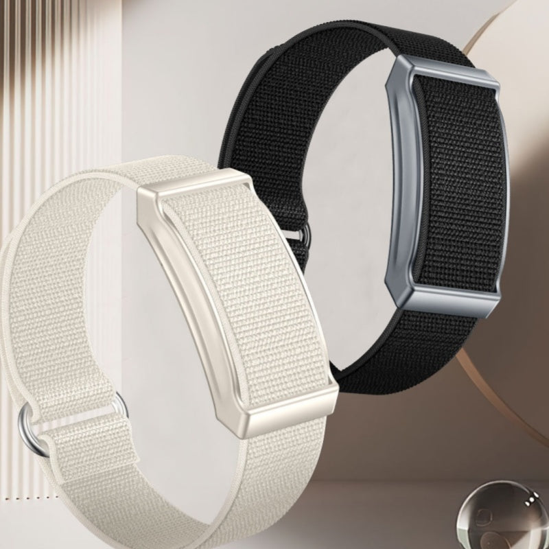 Black woven strap smart bracelet with dark metal sensor module