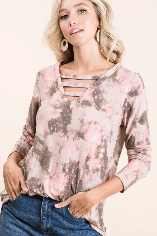 Tie-dye French terry V-neck top with crisscross neckline straps, long sleeves