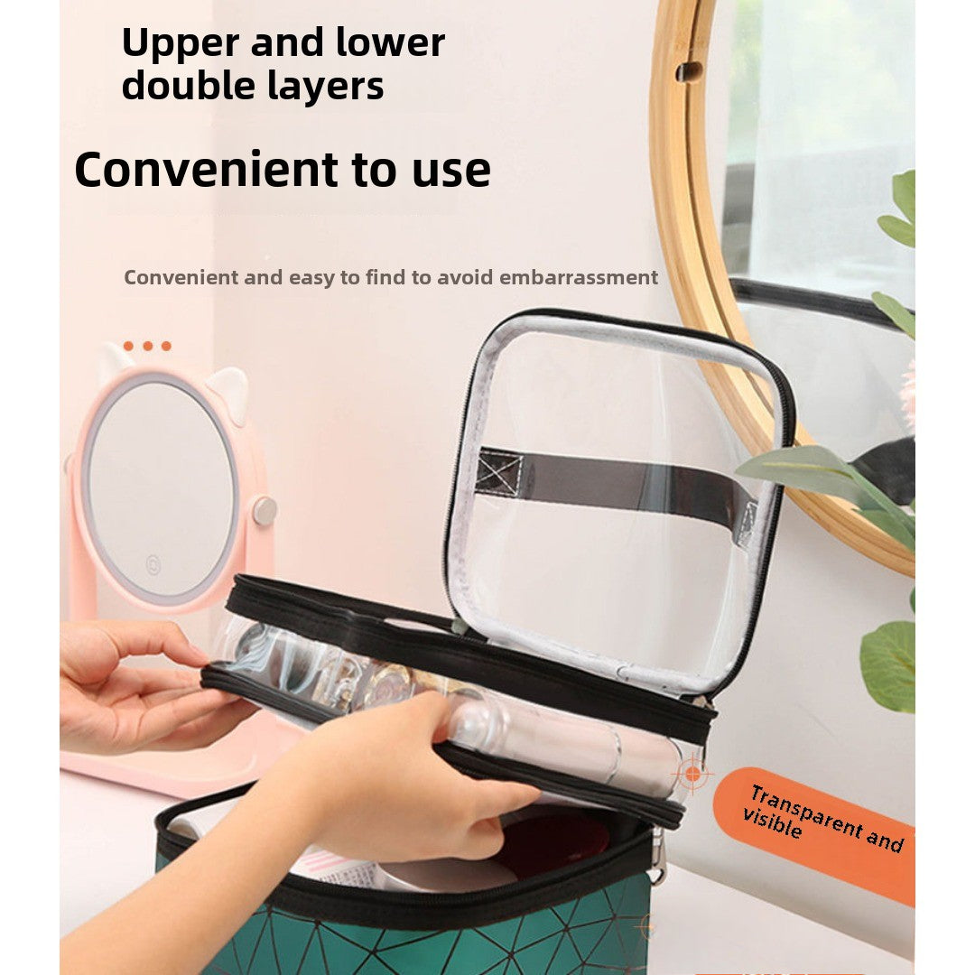 Double-layer transparent cosmetic bag with open top and black zip compartments