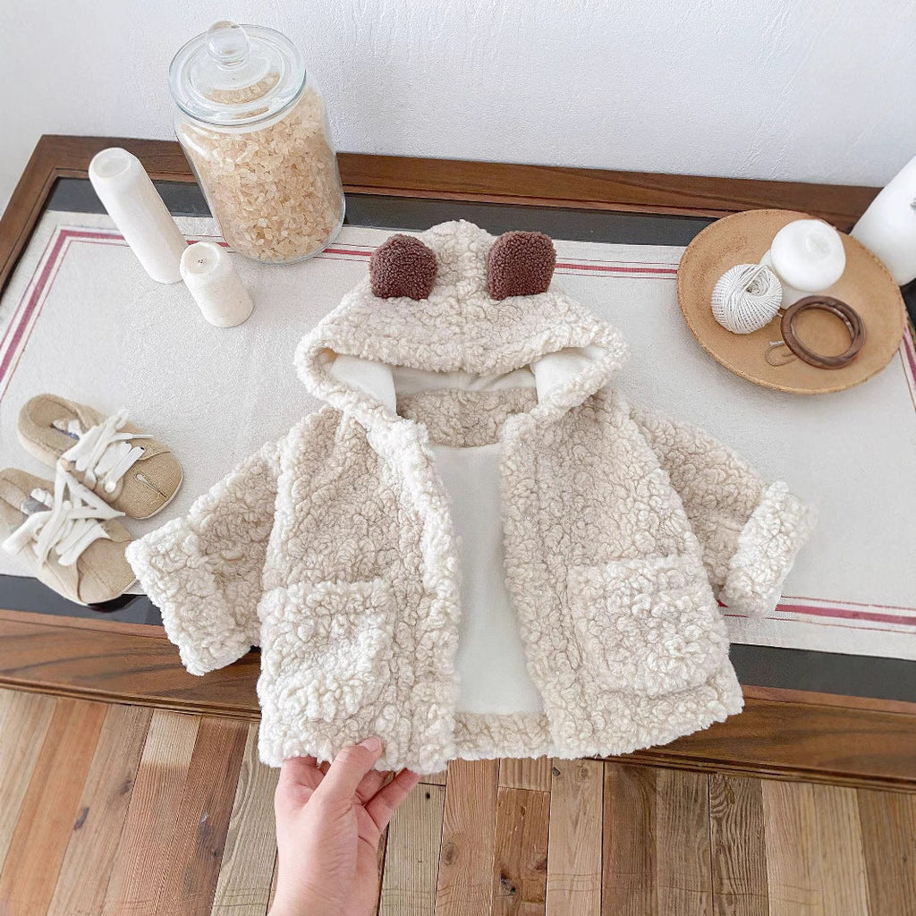 Cream sherpa-style toddler jacket with bear-ear hood and two front pockets