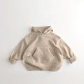 Children's cream knit hoodie with hood, kangaroo pocket, and ribbed cuffs and hem