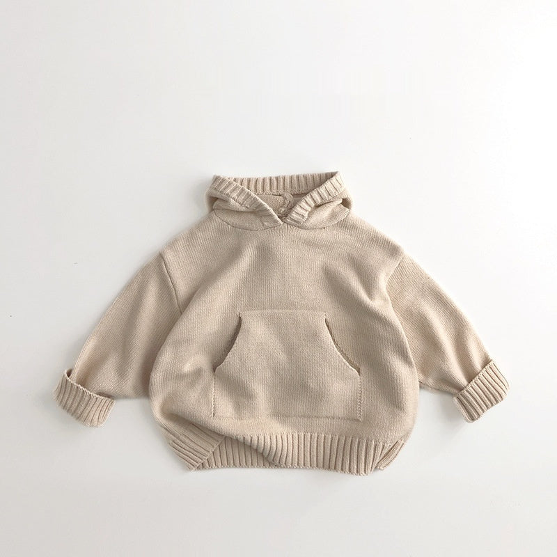 Children's cream knit hoodie with hood, kangaroo pocket, and ribbed cuffs and hem